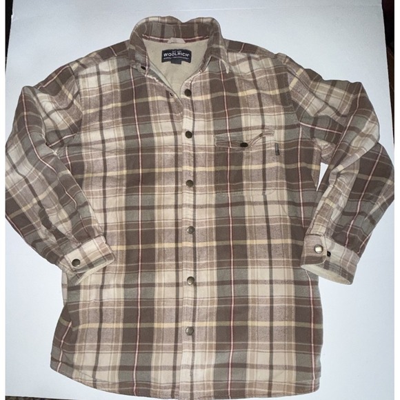 Woolrich Other - Woolrich Flannel Fleece Lined Shacket Shirt Jacket Mens Large Beige Plaid Size I